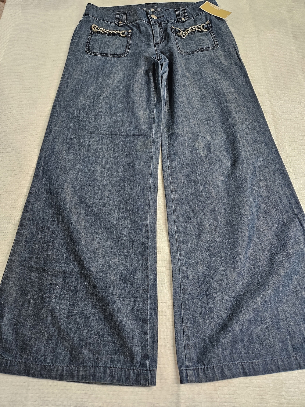 Michael Kors Medium Blue Wide-Leg Jeans with Chain Pocket Detail